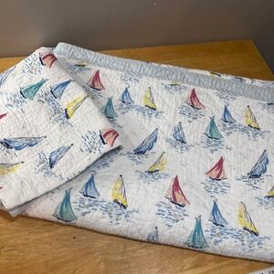 Laura Ashley Nautical Sailboat Twin Quilt & Sham Set Blue White Stripe Preppy